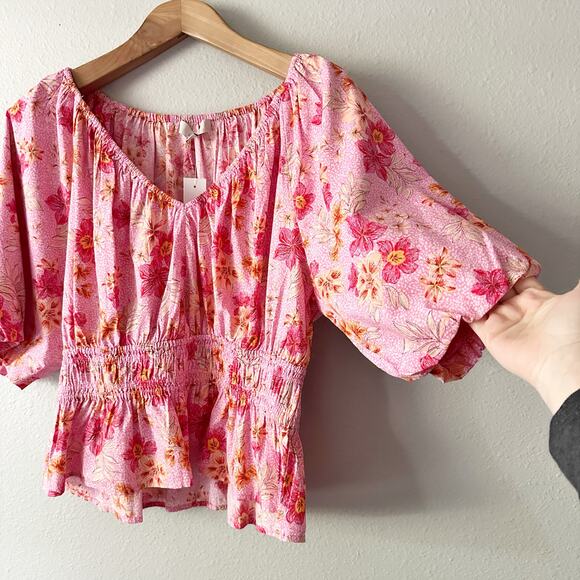 Loft Lily Pink Smocked Gathered Waist V-Neck‎ Blouse Women’s Size XL - New - Picture 4 of 11